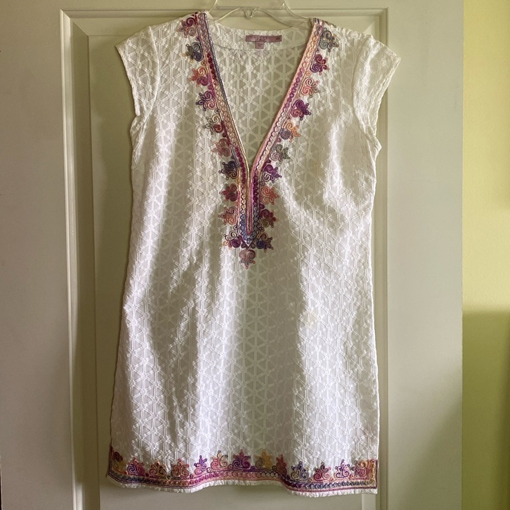 Calypso St. Barth Sashka V-Neck Embroidered Dress, Coconut XS *FLAWED